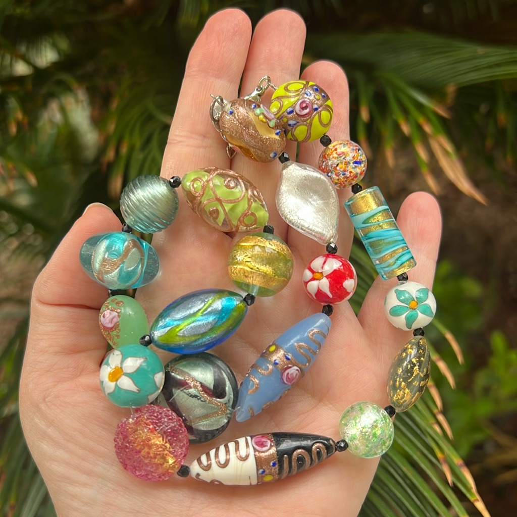 Handcrafted Murano Glass Bead Bracelet With Crystal Gems Italian - Main Image